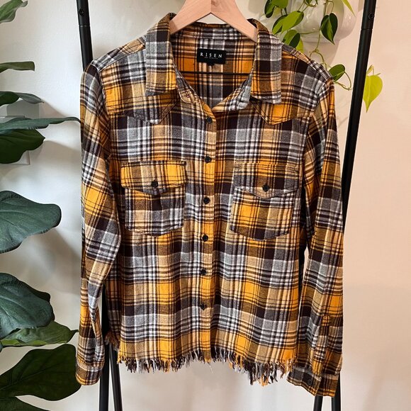 Risen Jeans Tops - Risen Los Angeles Yellow Brown Plaid Frayed Hem Flannel Shirt Size L 100% Cotton